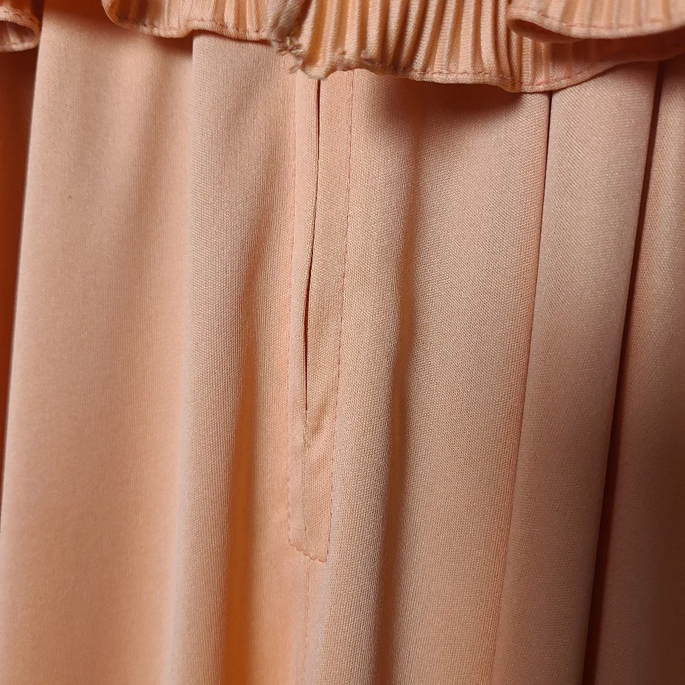 Vintage 70s Peach Pleated Midi Dress Floral Embroidered Trim Boho Prairie - Picture 11 of 16